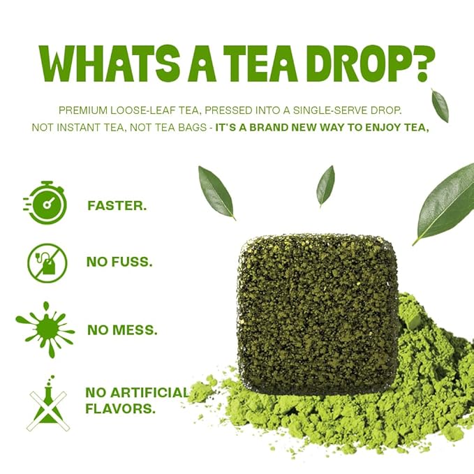 Tea Drops Lightly Sweetened Organic Tea Bulk Box | Matcha Green Tea | Iced or Hot Bagless Instant
