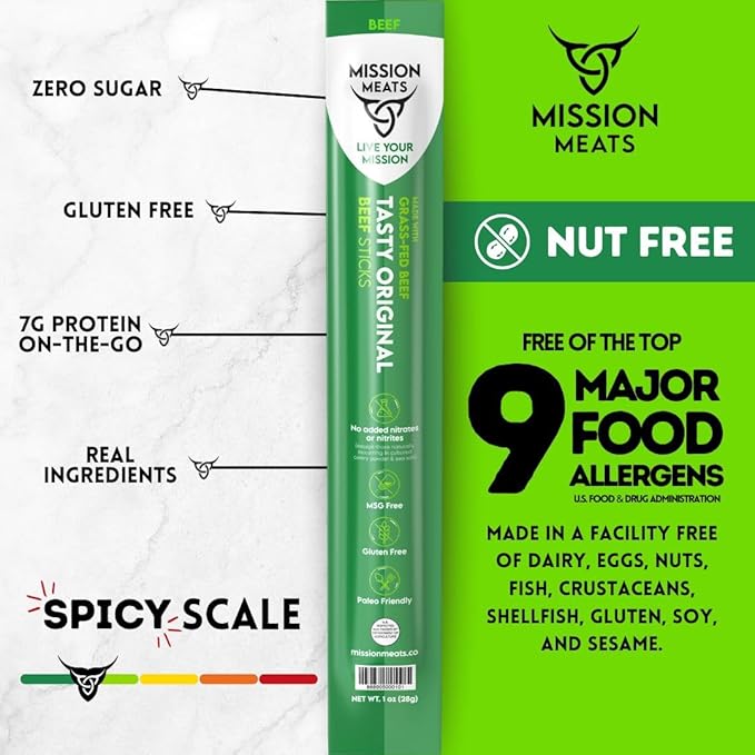 Mission Meats Beef Sticks – 100% Grass Fed & Pasture Raised, Zero Sugar, Gluten Free, Individually