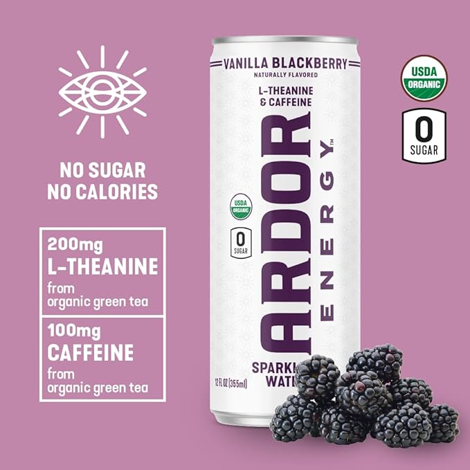 ARDOR ENERGY Sparkling Water with 100mg Natural Caffeine & 200mg L-Theanine from Organic Green Tea