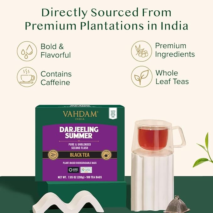 VAHDAM, Darjeeling Black Tea Bags (100 Count) High Caffeine, Non GMO, Gluten Free | Smooth & Sweet
