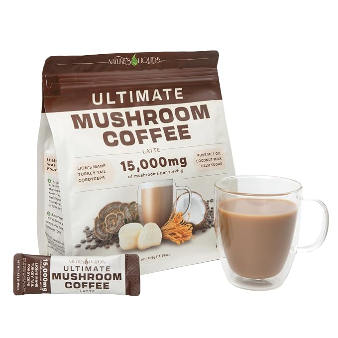 Nature's Liquids Ultimate Mushroom Coffee Latte - 15,000 mg Organic Fruiting-Body Mushrooms per