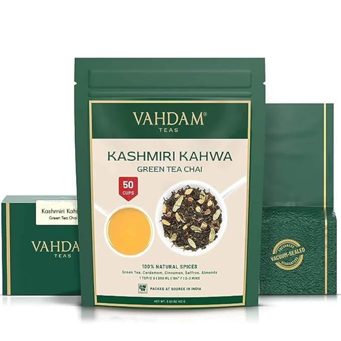 VAHDAM, Kashmiri Kahwa Tea (50 Cups/3.53oz) | Green Tea, Cinnamon, Cardamom, Almond & Saffron |