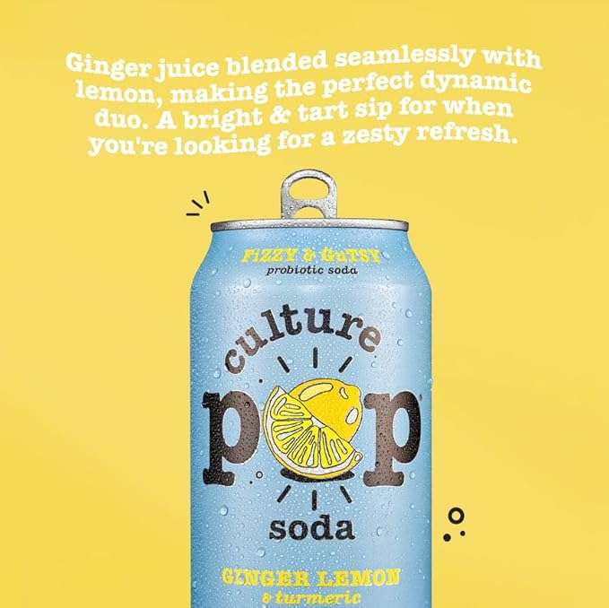 Culture Pop Soda, Ginger Lemon & Turmeric, Probiotic Low Sugar Soda, Sparkling Juice Alternative