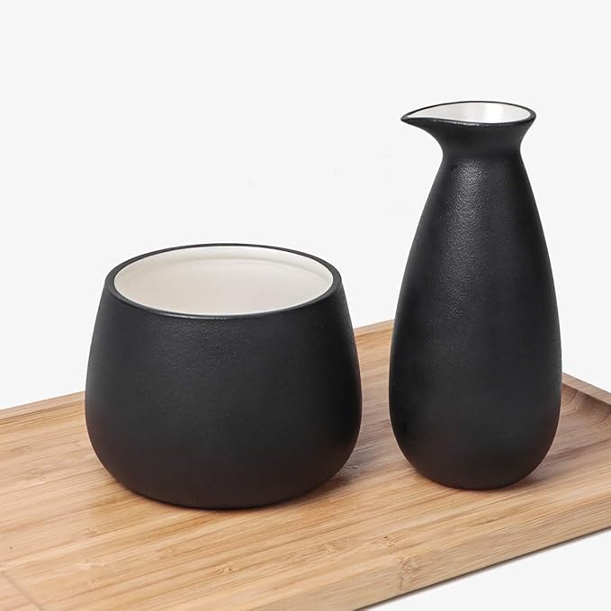 Bgbg Ceramic Sake Set with Warmer Pot Bamboo Tray-Traditional Japanese Pottery Hot Saki Set