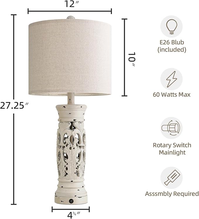 BOBOMOMO 27.25” Farmhouse Table Lamps Set of 2 – Antique White Bedside Lamps with Night Light & USB