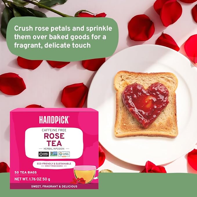 HANDPICK, Rose Buds Herbal Tea Bags - 50 Count | Caffeine Free Tulsi Tea with Chamomile & Rose