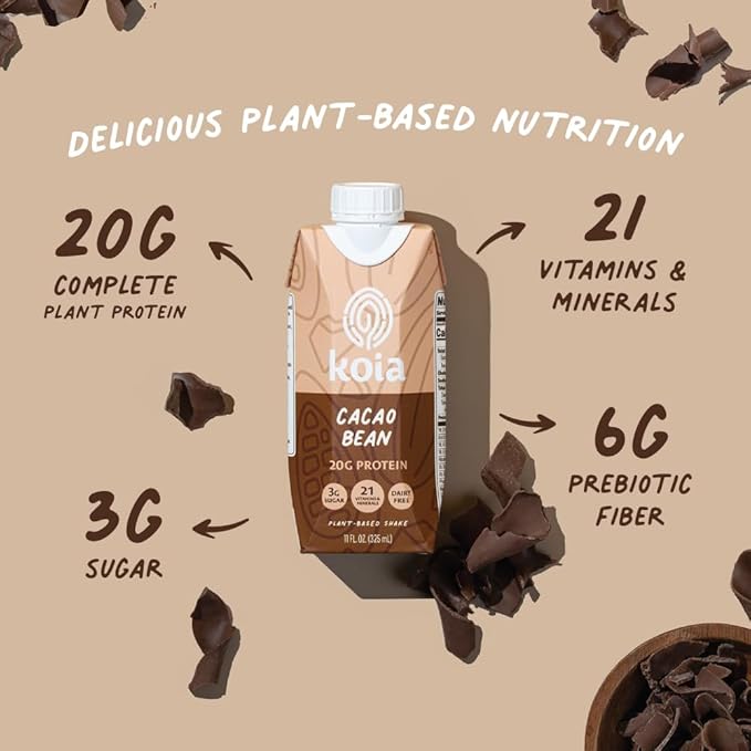 Koia Plant Based Protein Shake, Cacao Bean, 20g Protein, 3g Sugar, 6g Prebiotic Fiber, 21 Vitamins