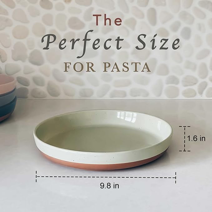 Mora Ceramic Flat Pasta Bowl Set of 4-35oz, Microwave Safe Plate with High Edge for Kitchen and