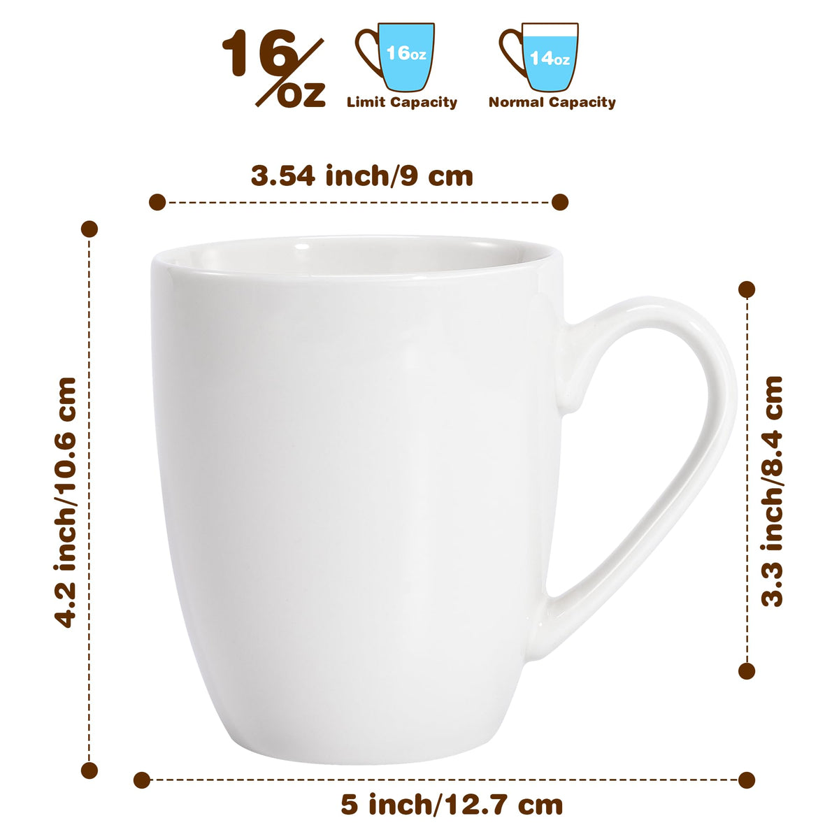 Urbanstrive 16 oz Large Coffee Mugs Set of 6 Ceramic Coffee Mug White Coffee Cups Tea Cups Idea