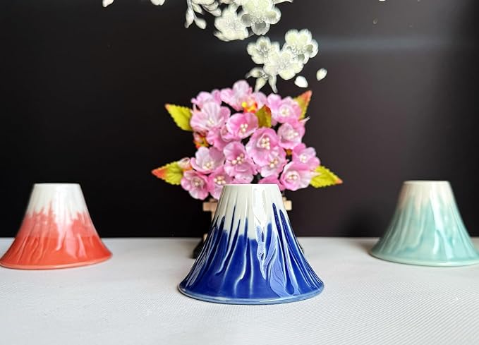 Japanese Sake Cup Mount Fuji Design Wine Soju Porcelain Ochoko Gifts (Blue Red, 2 Ochiko)