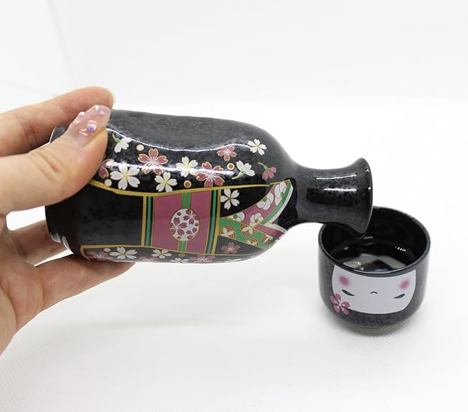 Japanese Traditional Kokeshi Design Sake Wine Soju Ceramic Set with 1 Ochoko Cup and 1 Tokkuri