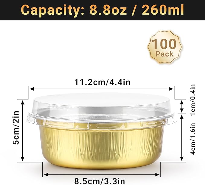 Beasea Aluminum Ramekins With Lids, 100 Pack 8.8oz 260ml 4 Inch Disposable Foil Aluminum Baking