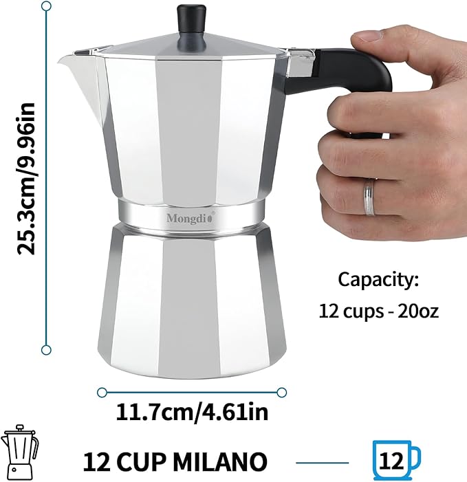 Mongdio Stovetop Espresso Maker Moka Pot, Stove Top Cuban Coffee Maker, Italian Greca Mocha Pot, 12
