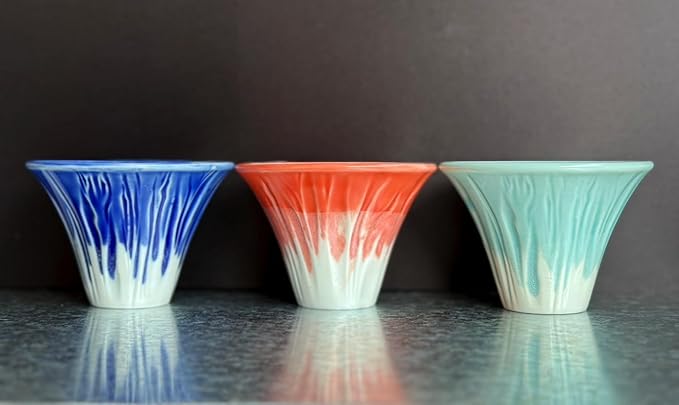 Japanese Sake Cup Mount Fuji Design Wine Soju Porcelain Ochoko Gifts (Blue Red Snow, 3 Ochoko)