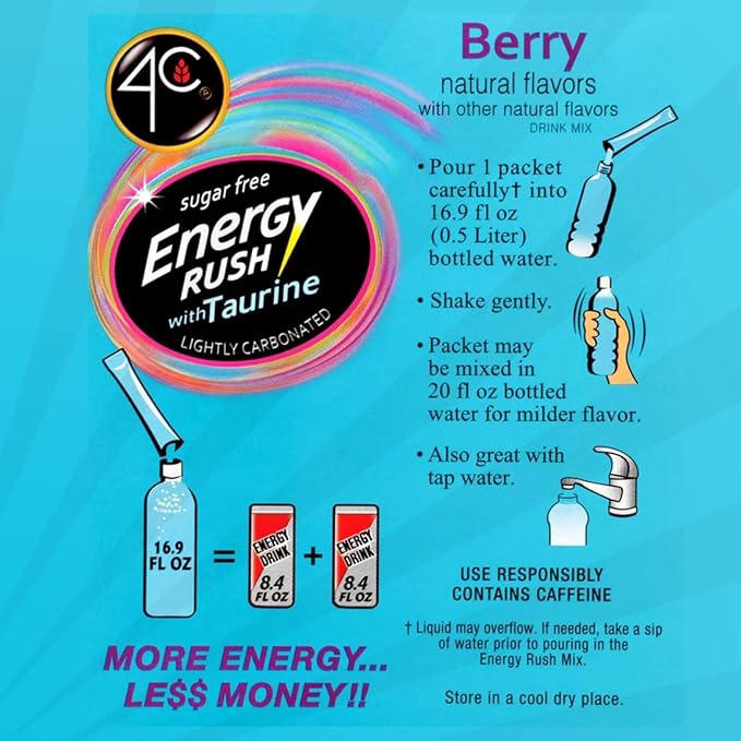 4C Powder Energy Rush Stix, Energy Rush - Berry 350 Count, Bulk Buy, Singles Stix, On the Go