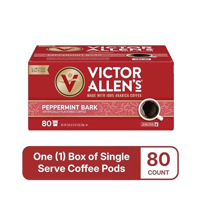 Victor Allen's Coffee Peppermint Bark Flavored, Medium Roast, 80 Count, Single Serve Coffee Pods