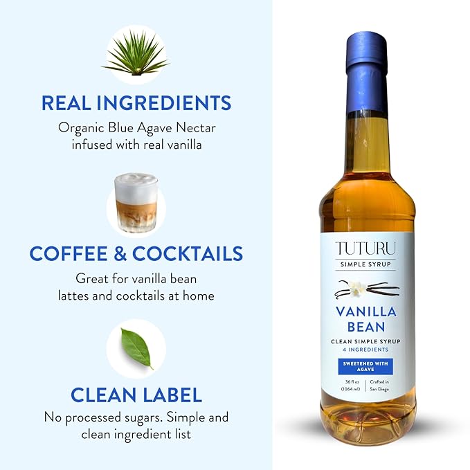 Vanilla Bean Agave Simple Syrup for Coffee & Cocktails - Sweetened with Organic Agave Nectar