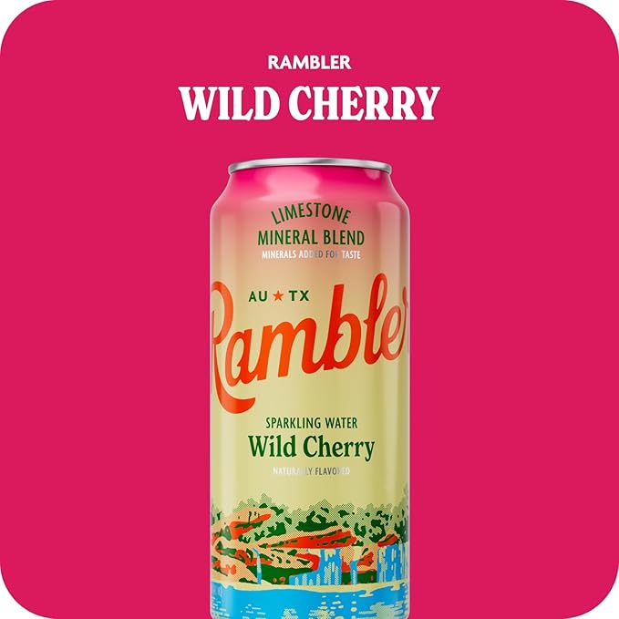 AUTX RAMBLER Sparkling Water, Texas Limestone Mineral Blend, Wild Cherry Flavor, 16-Ounce Tallboy