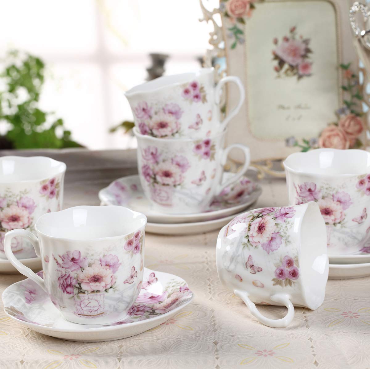 GuangYang 7 oz Porcelain Tea Cups and Saucers set of 6,Purple Fancy Floral Pattern (Perfect for