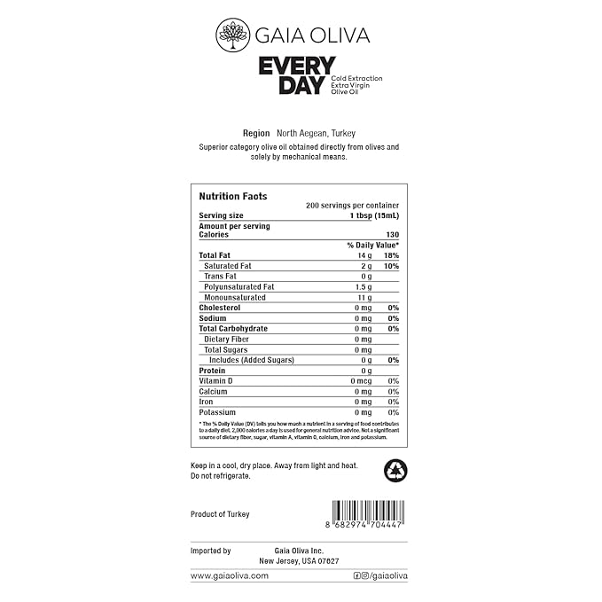 Gaia Oliva Everyday Extra Virgin Olive Oil, Cold Pressed, Single Origin, Kosher, Delicate, Smooth