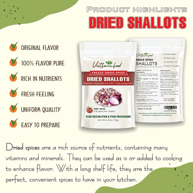 DRIED SHALLOTS (PURPLE ONION) 2.47 Oz (70g) VIETFARMFOOD: Pure, natural freeze-dried spice made