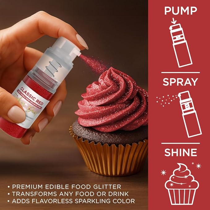 Bakell - Classic Red Tinker Dust (4g, 1x Mini Spray Pump) Edible Glitter for Food, Desserts, and