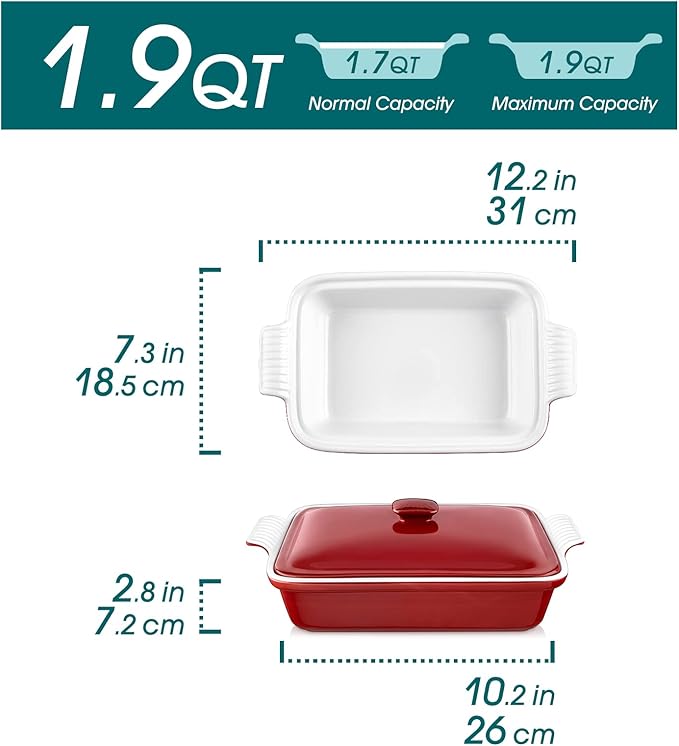 vancasso Blossom Casserole Dish With Lid, 12x7 Lasagna Pan Deep with Lid, 1.9 Quart baking dish