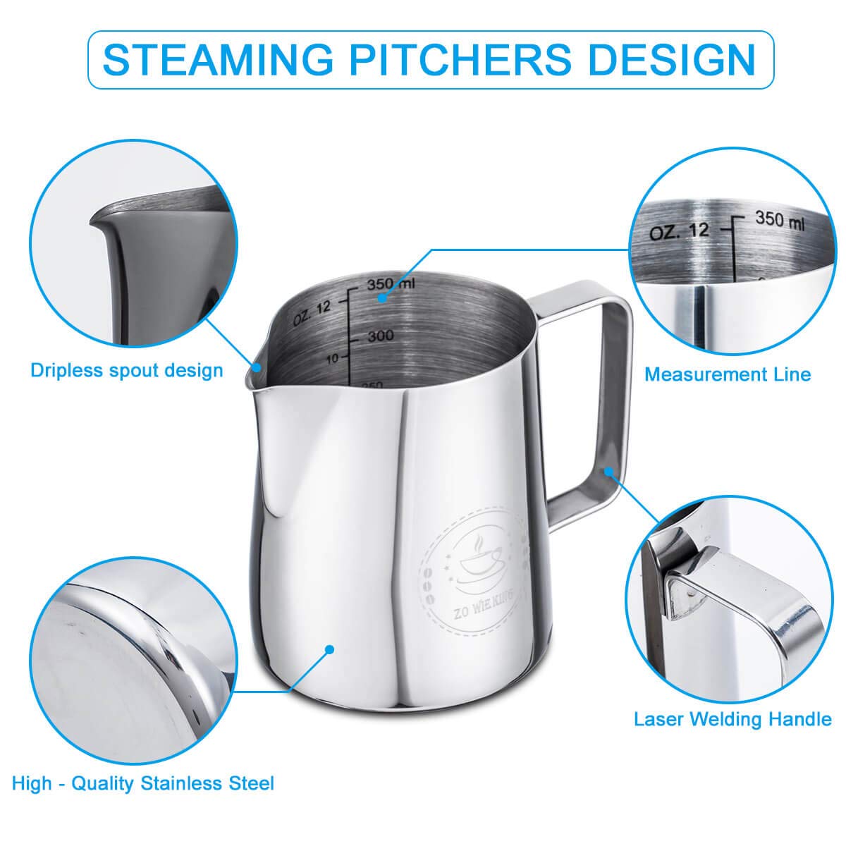 12oz Milk Frothing Pitcher, Stainless Steel Espresso Steamer Frother Cup