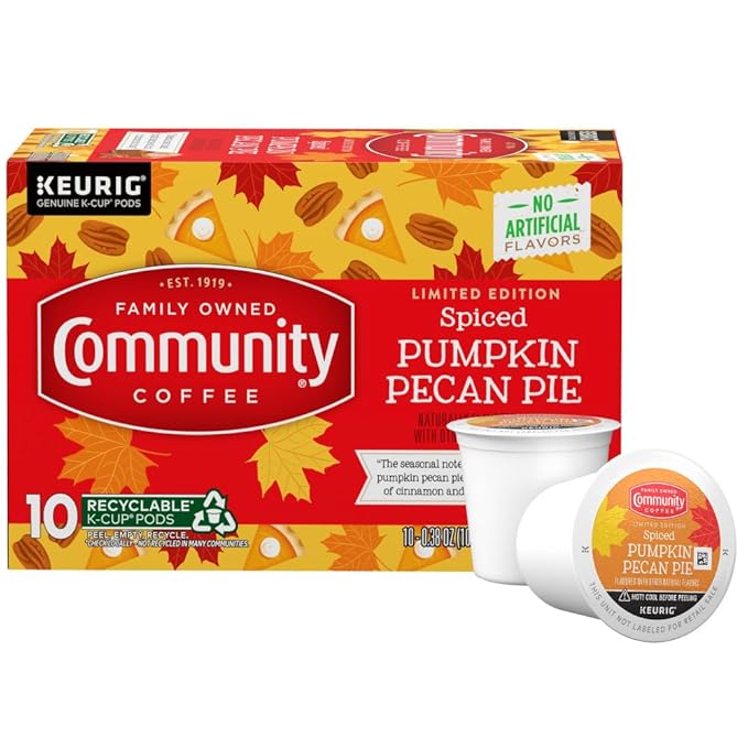 Community Coffee Spiced Pumpkin Pecan Pie Flavored Coffee Pods, 10 count, Medium Roast Compatible