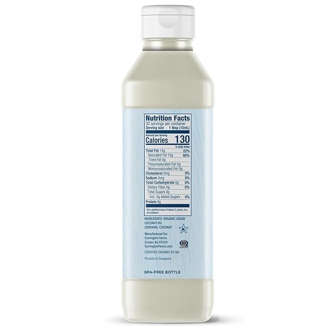 Carrington Farms Organic Liquid Coconut Cooking Oil, 16 Fl Oz ?밬nflavored, Unscented, High Smoke