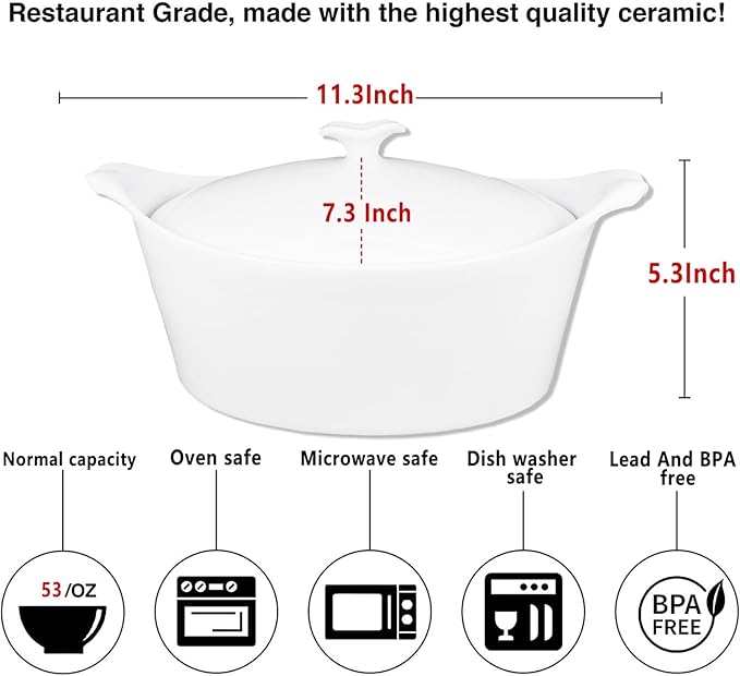 8.7" x 6.7" Ceramic Oval Casserole Dish with Lids,1.6 Qt White French Serving Soup Tureens, Baking