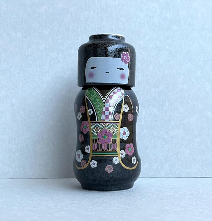 Japanese Traditional Kokeshi Design Sake Wine Soju Ceramic Set with 1 Ochoko Cup and 1 Tokkuri