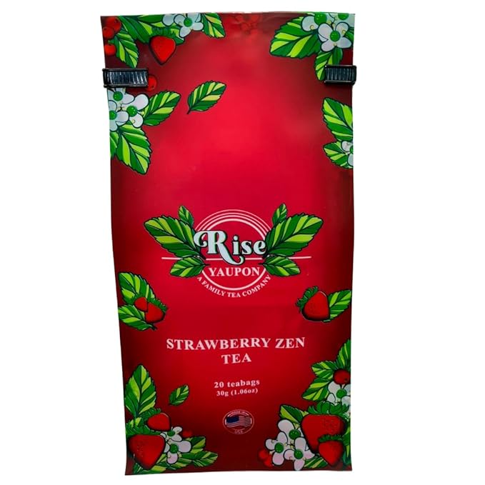 Rise Yaupon Strawberry Zen Yaupon Holly Tea, 20 Tea Bags, 1.06 oz, Caffeinated Yaupon Holly with