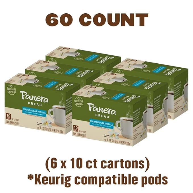 Panera Bread Madagascar Vanilla Light Roast Coffee, Single Serve 60 Count Pods (6 Packs of 10)