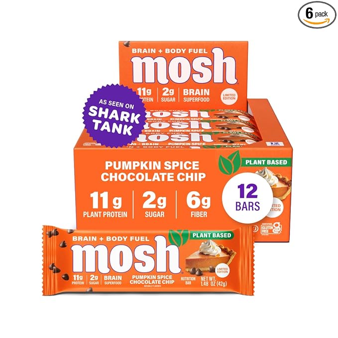 MOSH Peanut Chocolate Chip Vegan Protein Bars, Plant Based, Keto, Gluten Free, Brain Healthy Snack