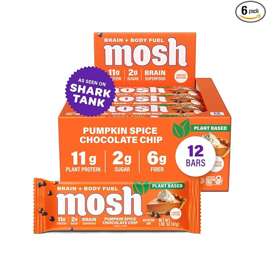 MOSH Peanut Chocolate Chip Vegan Protein Bars, Plant Based, Keto, Gluten Free, Brain Healthy Snack