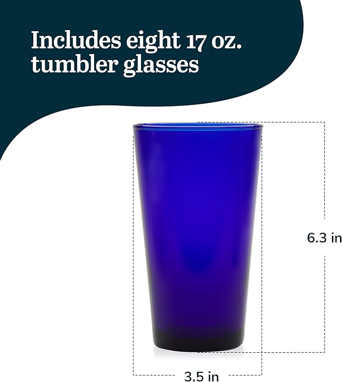 Libbey Cobalt Blue Drinking Glasses, Classic Design Flare Tumbler Glasses Set of 8, Dishwasher Safe