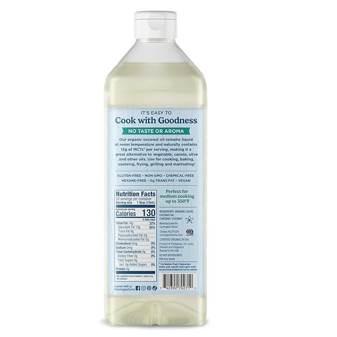 Carrington Farms Organic Liquid Coconut Cooking Oil, 32 Fl Oz ?밬nflavored, Unscented, High Smoke