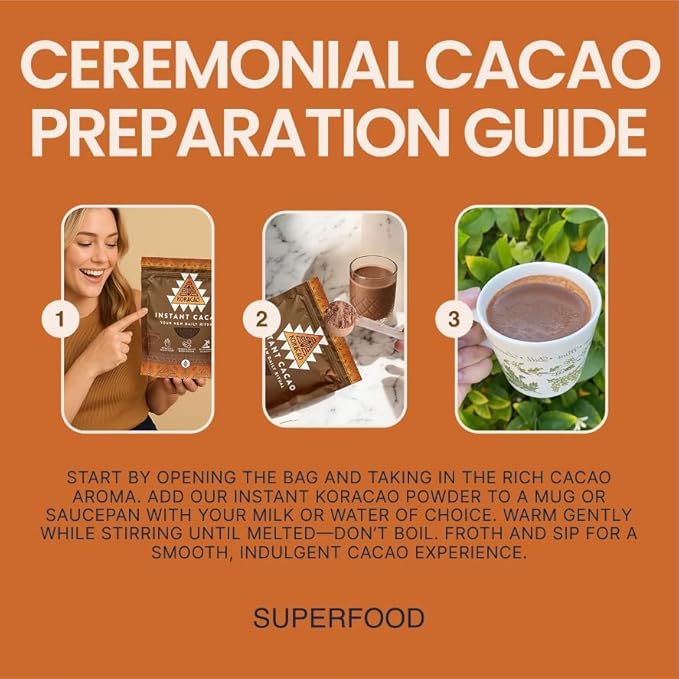 KORACAO Instant Ceremonial Cacao Powder | High-Flavanol Cacao Powder - 1000 MG Per Serving | New