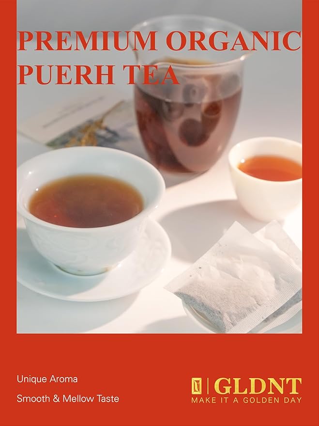 GLDNT Organic Pu-erh Tea Bags, Fermented Yunnan Dark Tea, Bold & Mellow Flavor, Caffeinated, 100