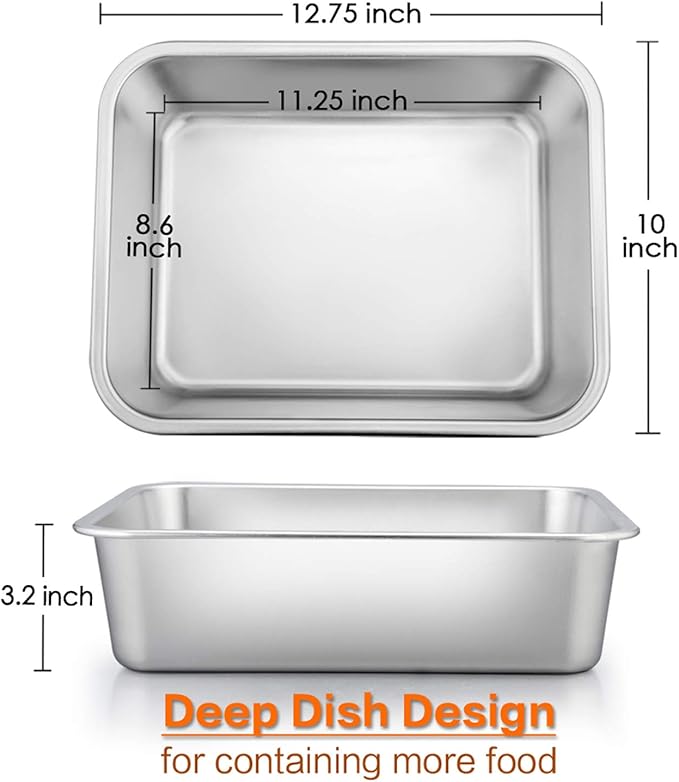 E-far Lasagna Pan Set of 2, Deep Stainless Steel Baking Pans, 12.75 x10 x3.2 Inches Rectangular