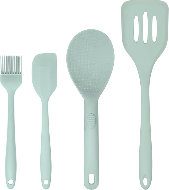 Silicone Utensils 4-Piece Set ??Rubber Spatula, Pastry Brush, Slotted Turner, and Rice Paddle