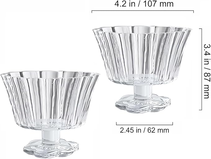 Ice Cream Bowls Drinking Glass Cups Set of 2 (Transparent), Flower Petal Style Glasses, 8.5oz