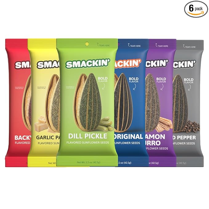 SMACKIN' Sunflower Seeds, Roasted Jumbo Small-Batch, American Made - 6 Flavor Variety. 1.5oz bags