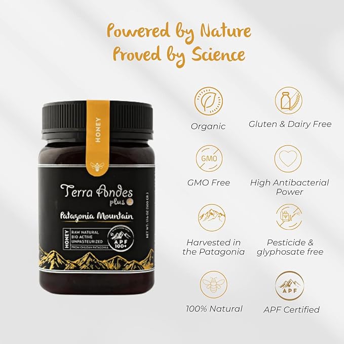 Patagonia Mountain Honey APF 200+ by TERRA ANDES PLUS | Raw natural organic honey. Highest