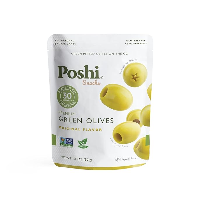 Poshi Green Olives On-The-Go - Original Flavor - Single Serve Pitted Olives - Convenient and