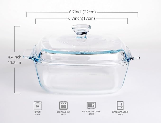 Clear Square Glass Casserole with Lid, Baking Dish with Glass Cover, Oven, Freezer and Dishwasher
