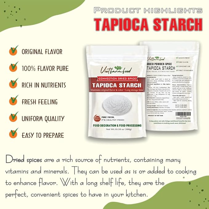 TAPIOCA STARCH 10.58 Oz (300g) VIETFARMFOOD: Natural pure, convection dried seasoning made from