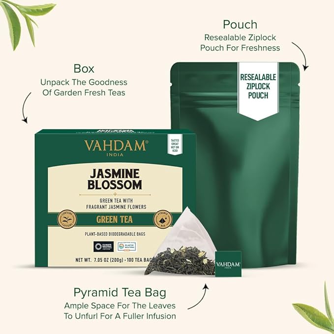 VAHDAM, Jasmine Green Tea Bags (100 Count) Med Caffeine, Non GMO | High Grown Green Tea Blended
