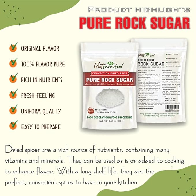 PURE ROCK SUGAR 10.58 Oz (300g) VIETFARMFOOD: Natural pure, convection dried seasoning made from